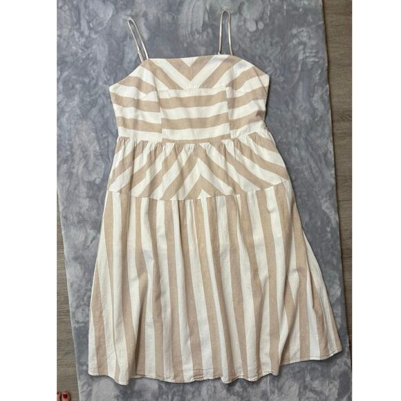 Linen Blend Neutral Beige Stripe Sleeveless Dress XL Midi Smocking Casual H&M - Picture 6 of 10
